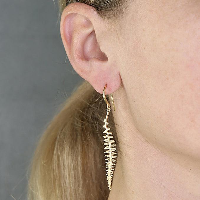Gold Textured Fern Drop Earrings - Rococo Jewellery