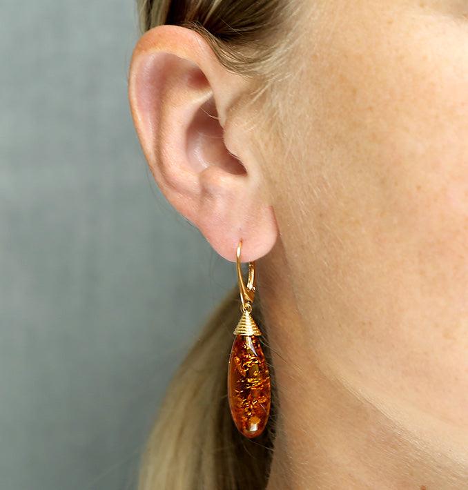 Gold Amber Cone Top Drop Earrings - Rococo Jewellery