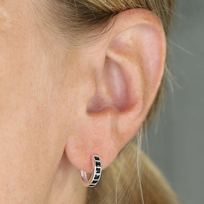 Sterling Silver Black Cubic Zirconia Hoop Earrings