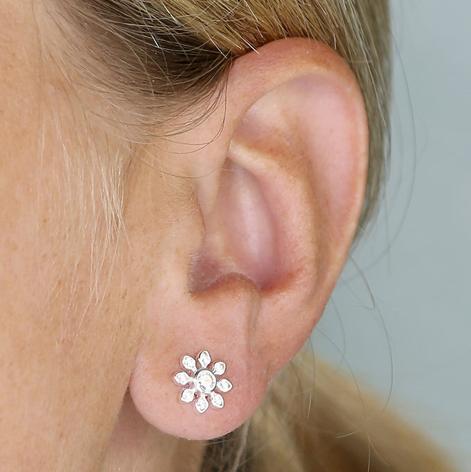 Sterling Silver Cubic Zirconia Flower Stud Earrings