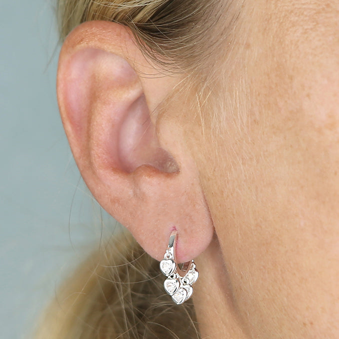 Sterling Silver Cubic Zirconia Heart Huggie Drop Earrings