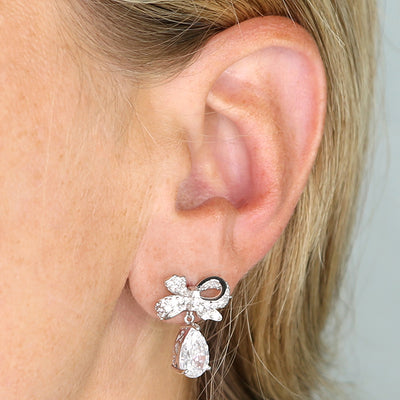 Sterling Silver Cubic Zirconia Bow Pear Drop Earrings
