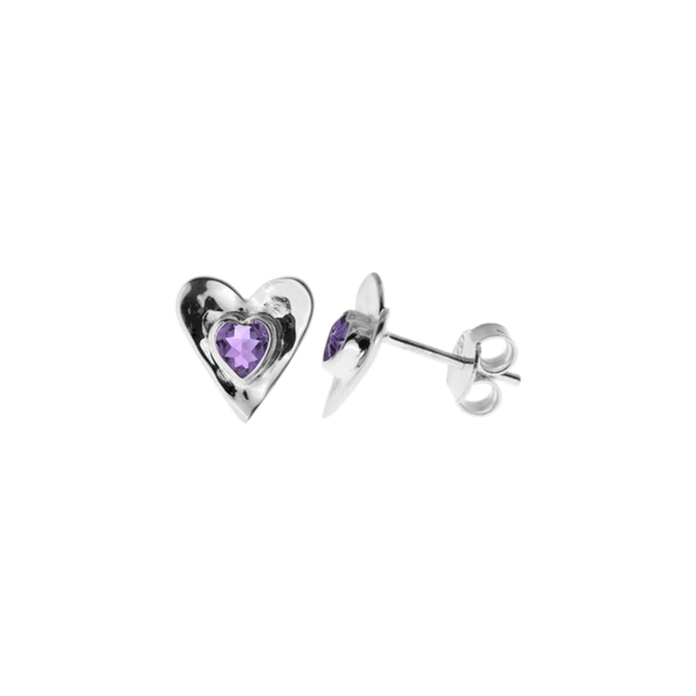 Sterling Silver Amethyst Heart Stud Earrings