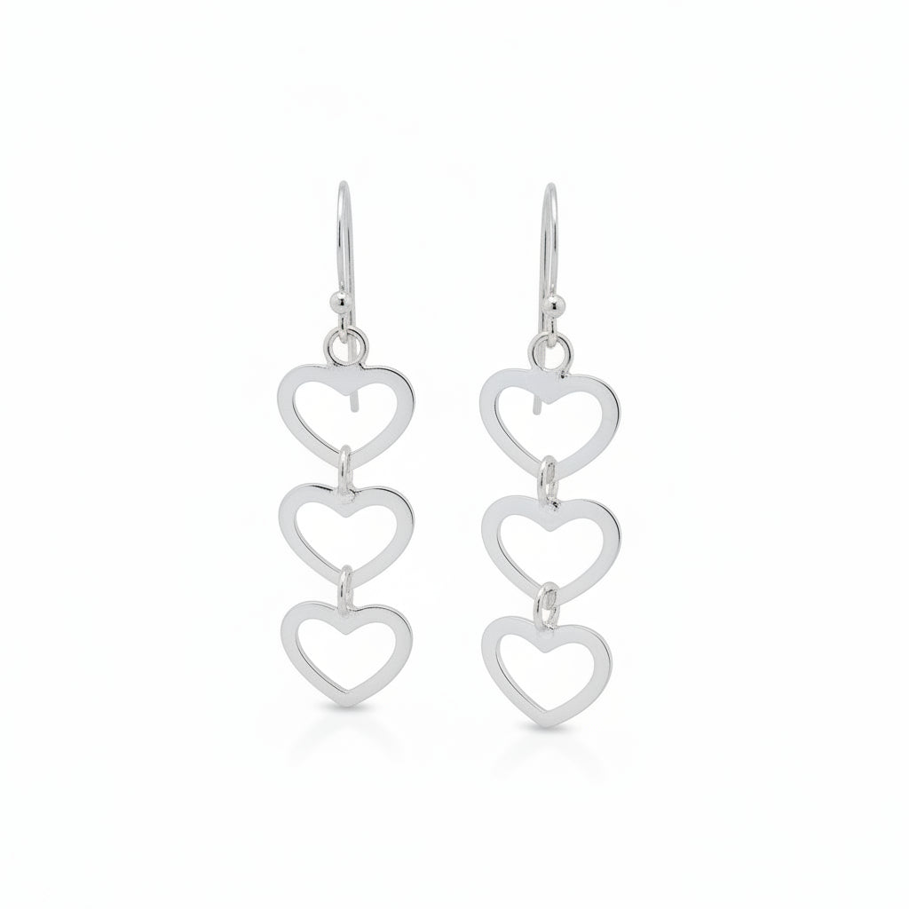 Sterling Silver Triple Heart Drop Earrings