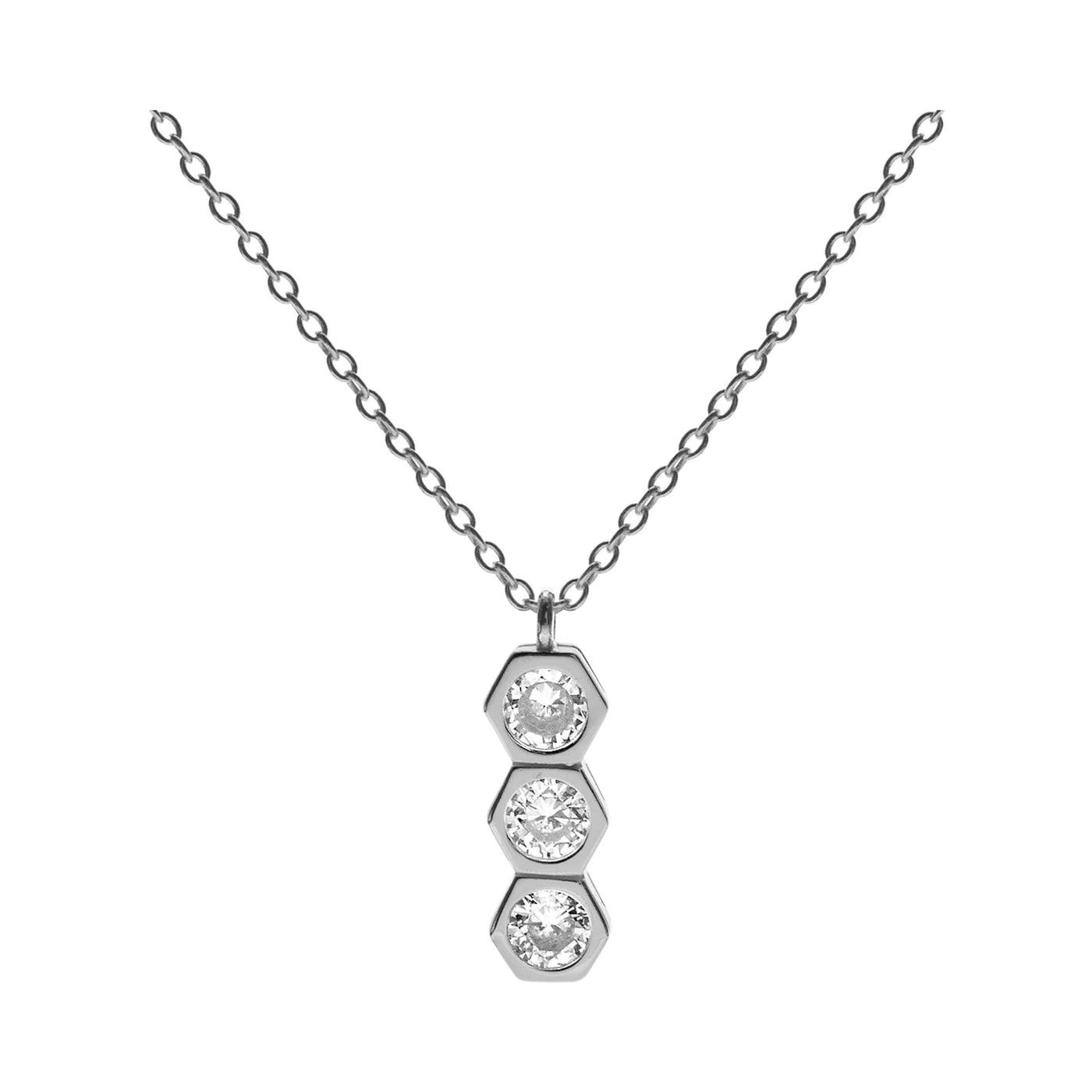 Sterling Silver Cubic Zirconia Triple Hexagon Necklace