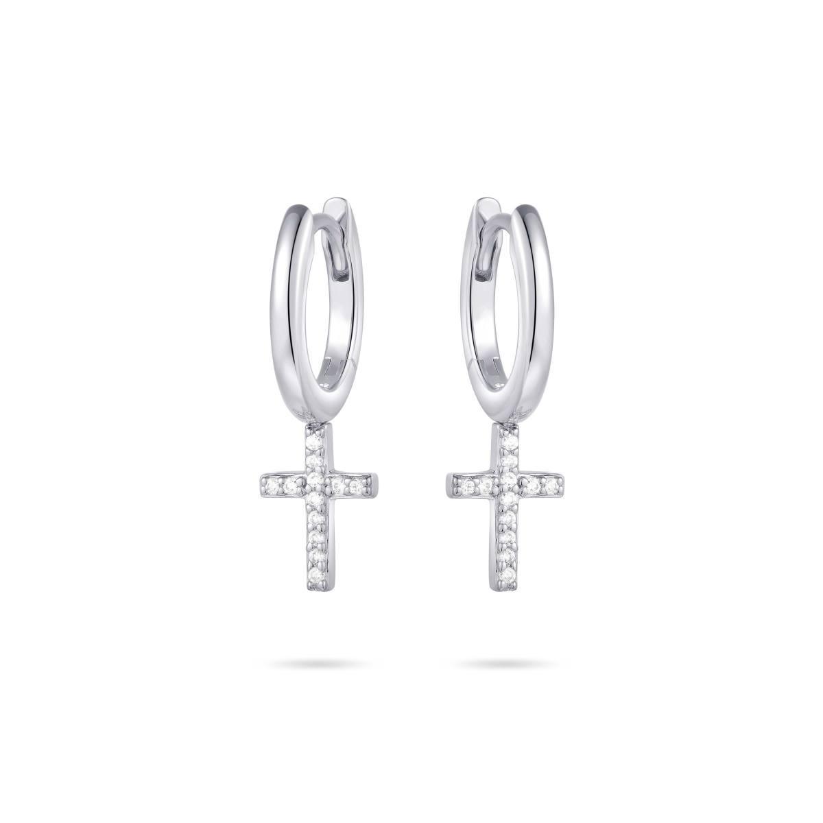 Sterling Silver Hoop Earrings & Cubic Zirconia Dangling Crosses - Rococo Jewellery