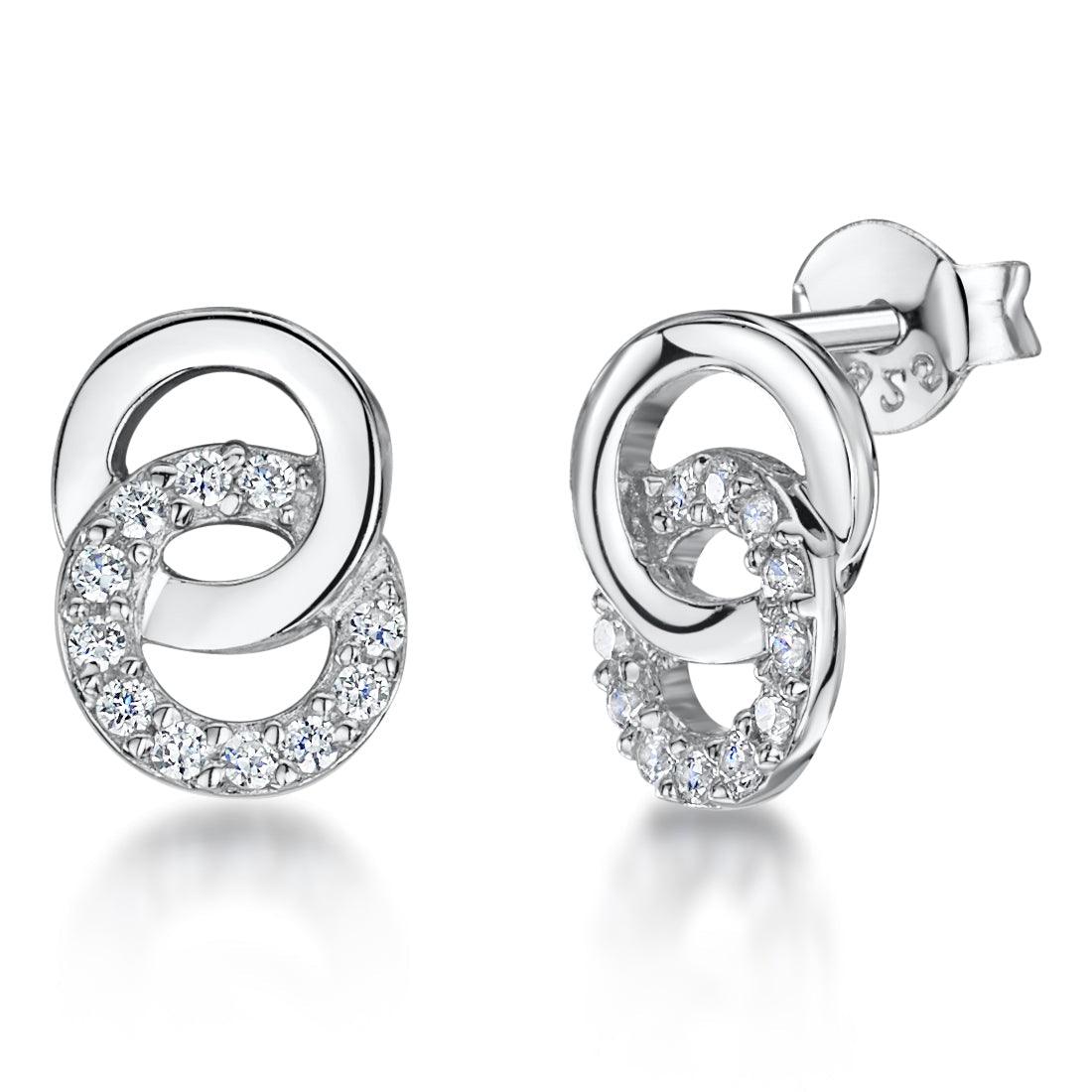 Jools Sterling Silver Cubic Zirconia Linked Circle Stud Earrings - Rococo Jewellery