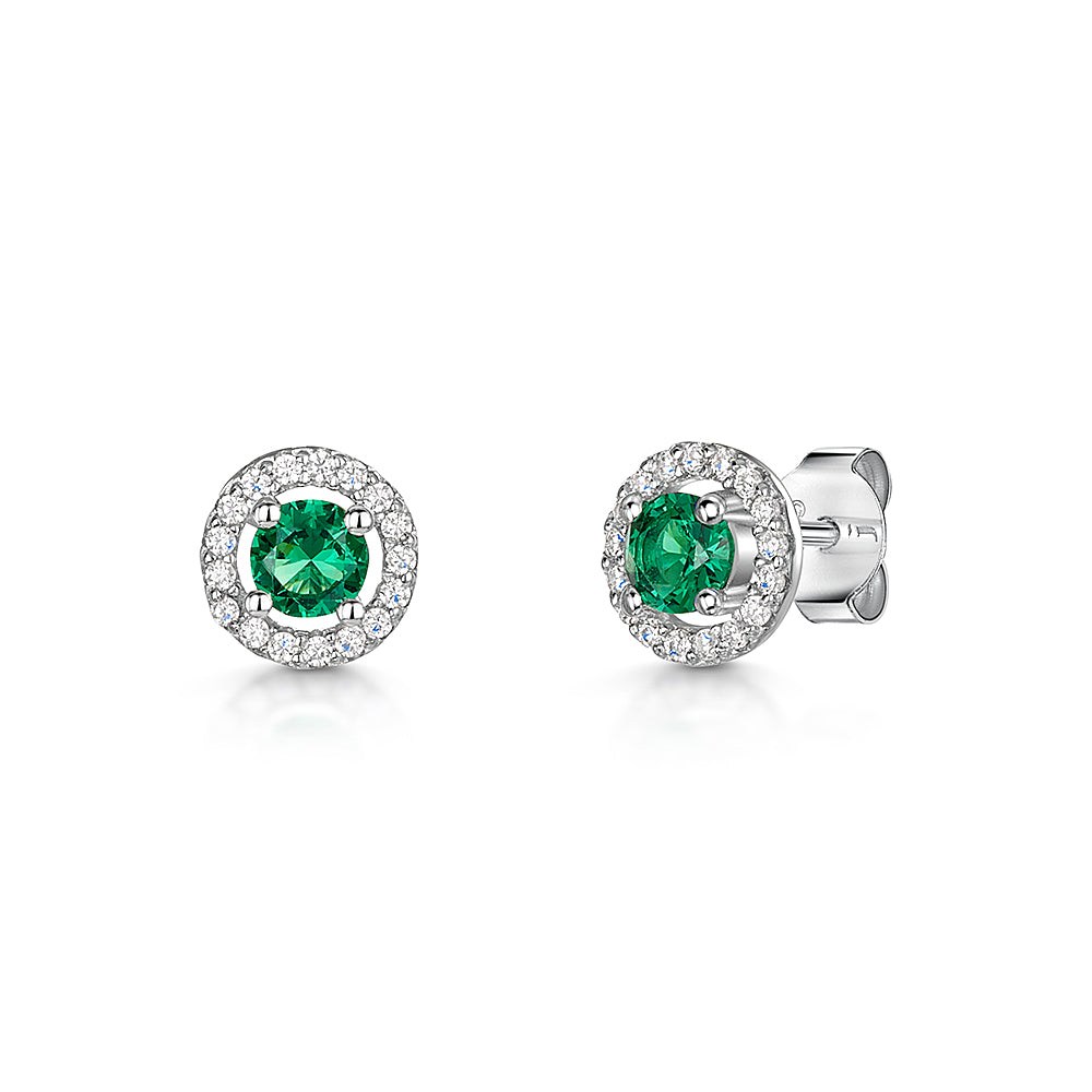 Jools Silver Emerald Green Zirconia Halo Stud Earrings