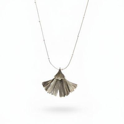 Sterling Silver Small Textured Gingko Leaf Pendant Necklace