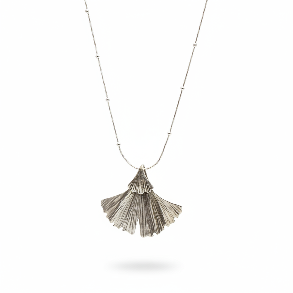 Sterling Silver Large Textured Gingko Leaf Pendant Necklace