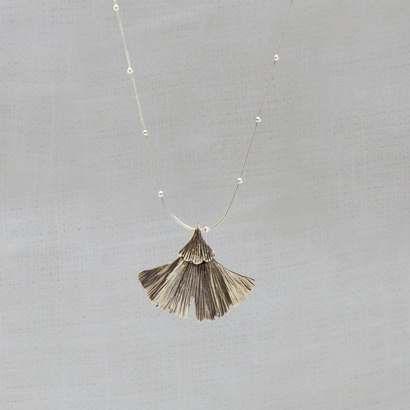 Sterling Silver Large Textured Ginkgo Leaf Pendant Necklace