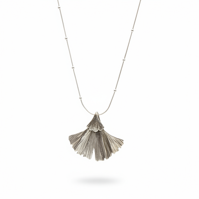 Sterling Silver Large Textured Gingko Leaf Pendant Necklace