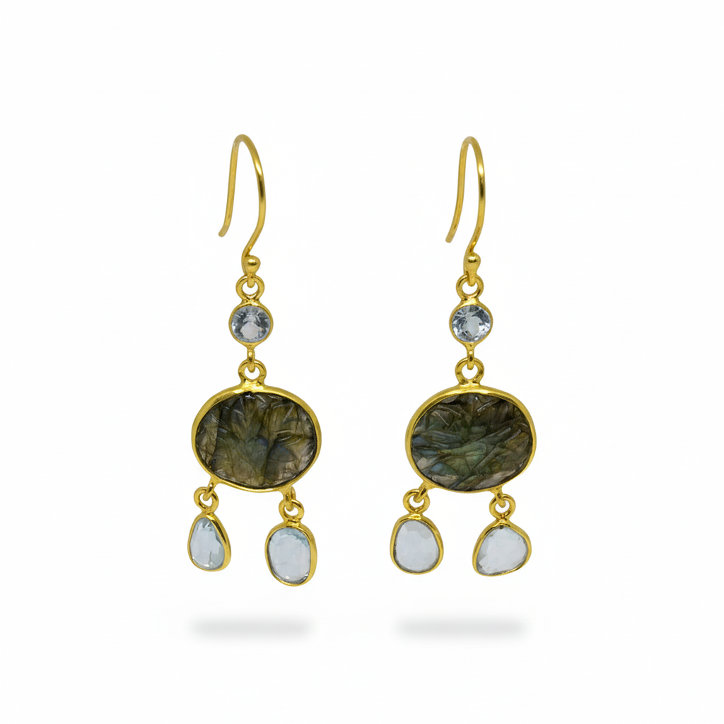 18ct Gold Vermeil Labradorite and Blue Topaz Drop Earrings