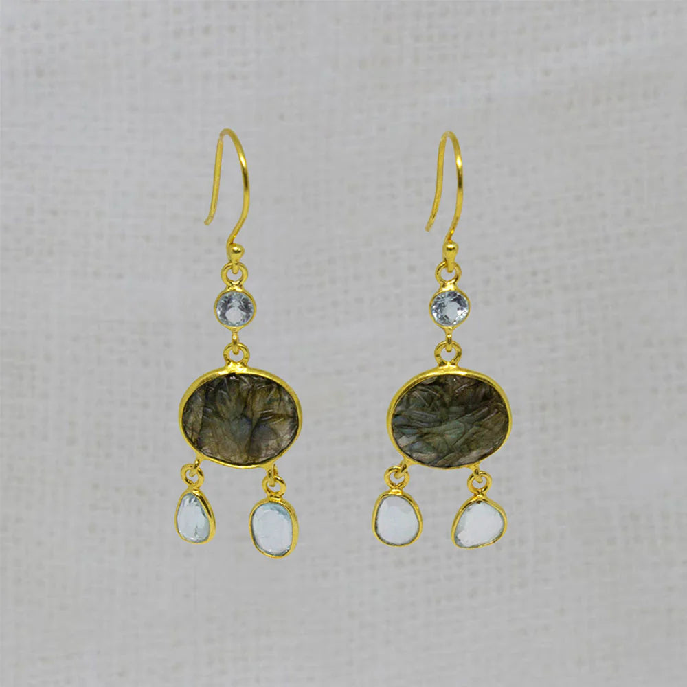 18ct Gold Vermeil Labradorite and Blue Topaz Drop Earrings