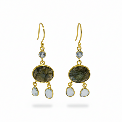 18ct Gold Vermeil Labradorite and Blue Topaz Drop Earrings