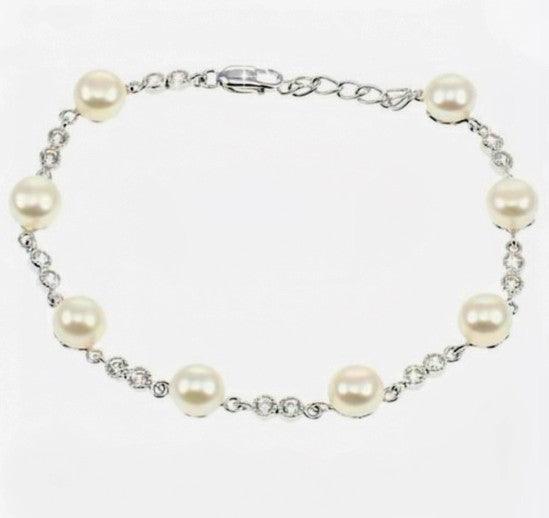 Sterling Silver Freshwater Pearl and Cubic Zirconia Bracelet - Rococo Jewellery