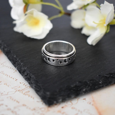 Sterling Silver Moon and Stars Spinning Band Ring