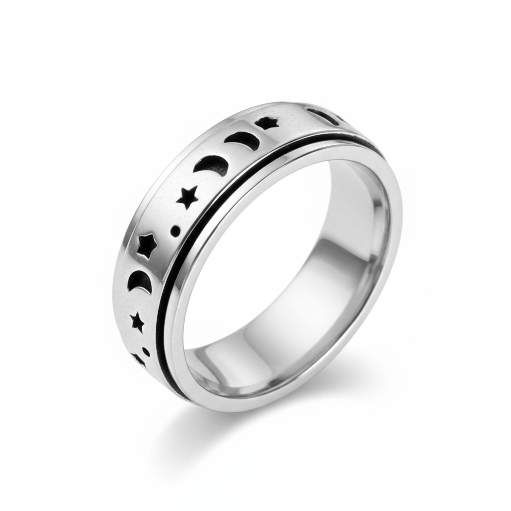 Sterling Silver Moon and Stars Spinning Band Ring