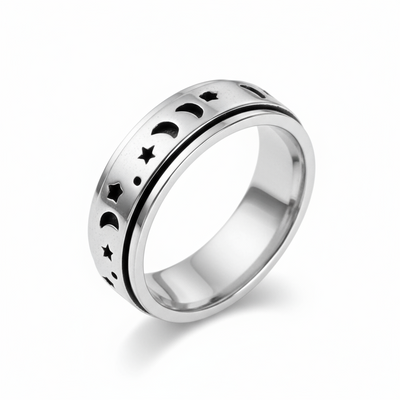Sterling Silver Moon and Stars Spinning Band Ring