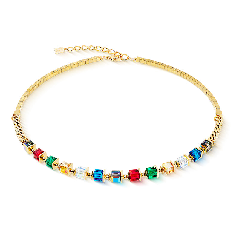 Coeur De Lion Sparkling Cubes Gold Multicolour Chain Necklace