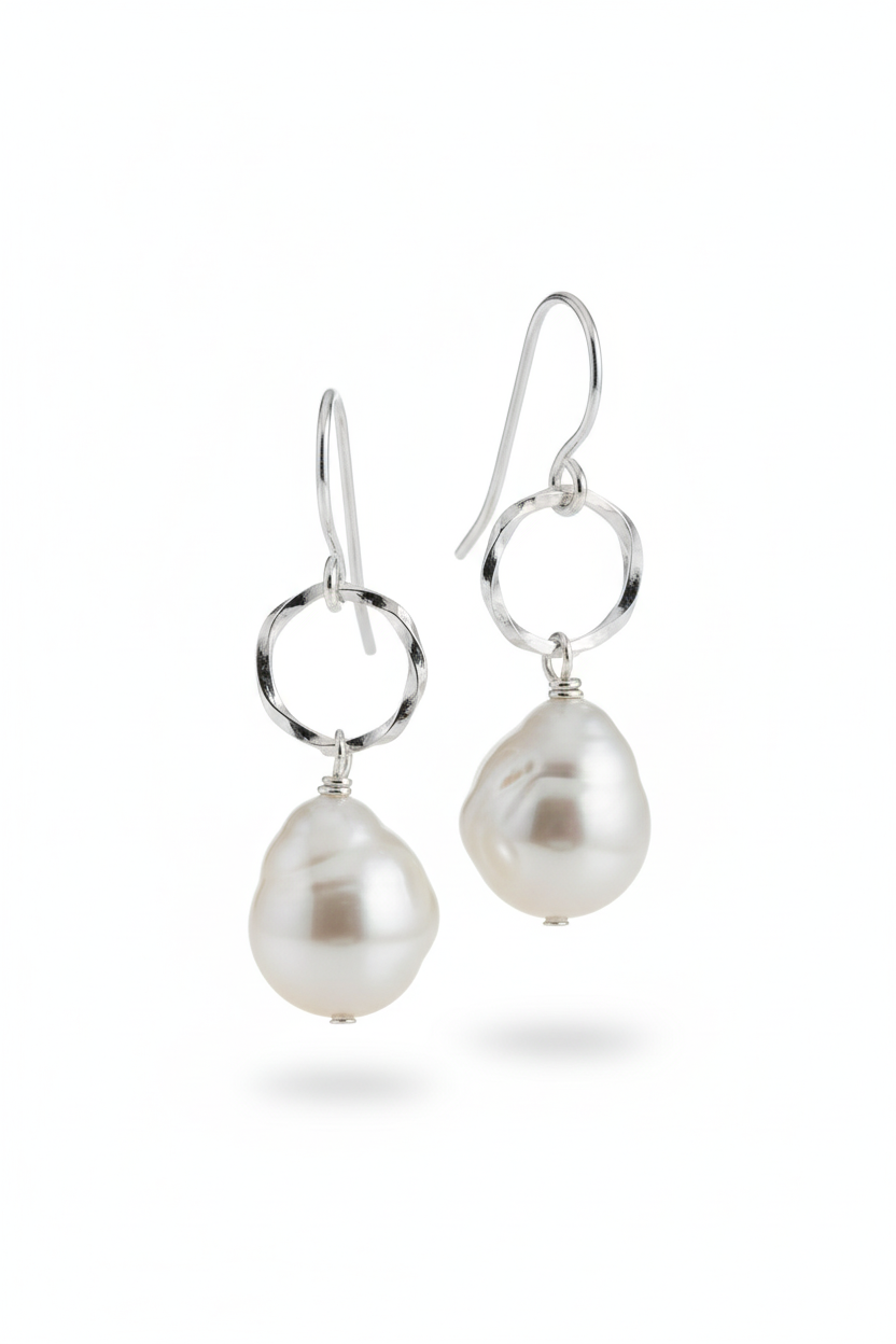 Sterling Silver Twisted Circle Freshwater Pearl Earrings