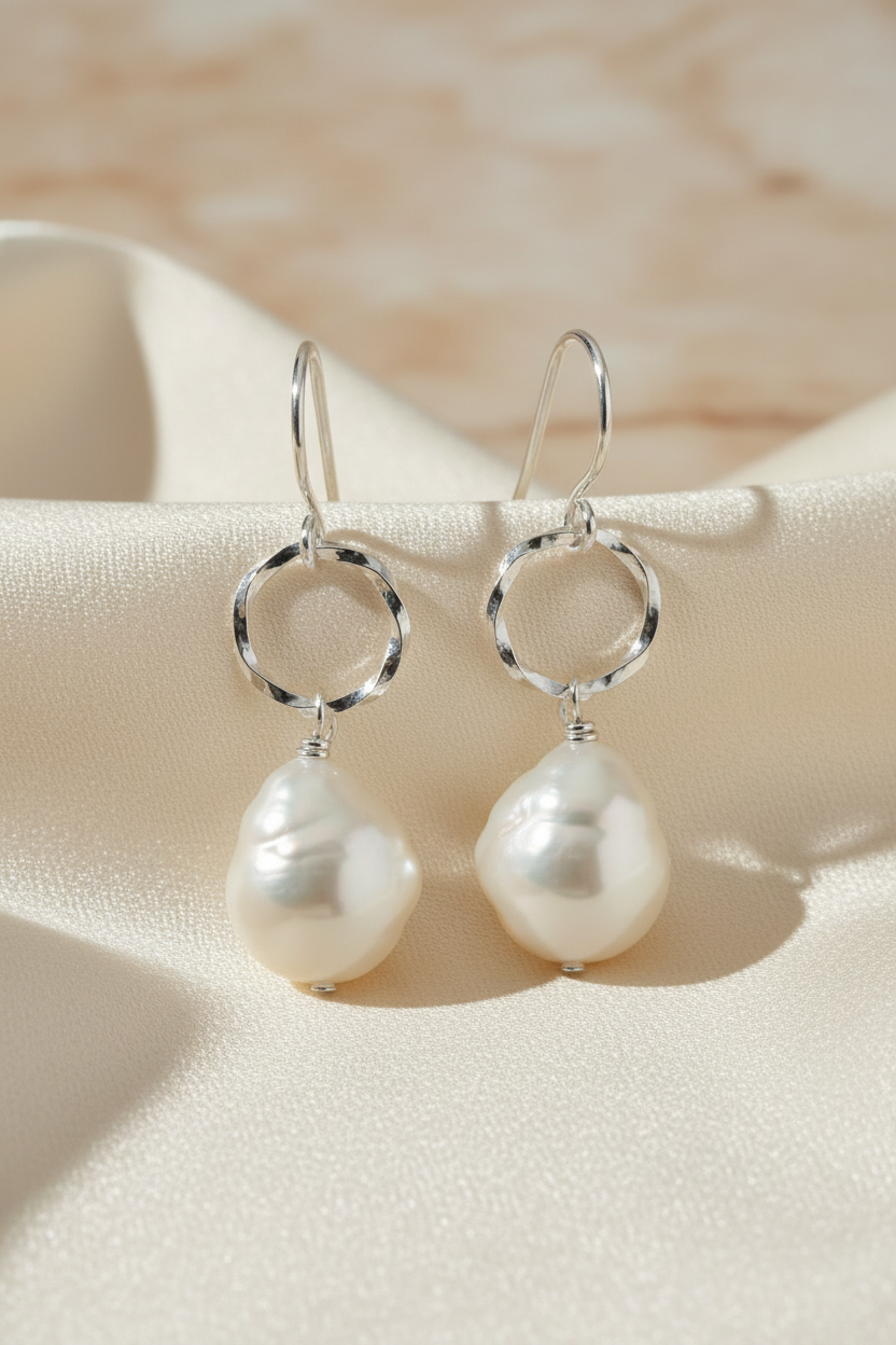 Pearl earrings with silver circular hooks on a beige fabric background