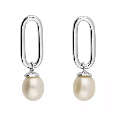 Sterling Silver Freshwater Pearl Oval Outline Drop Earrings