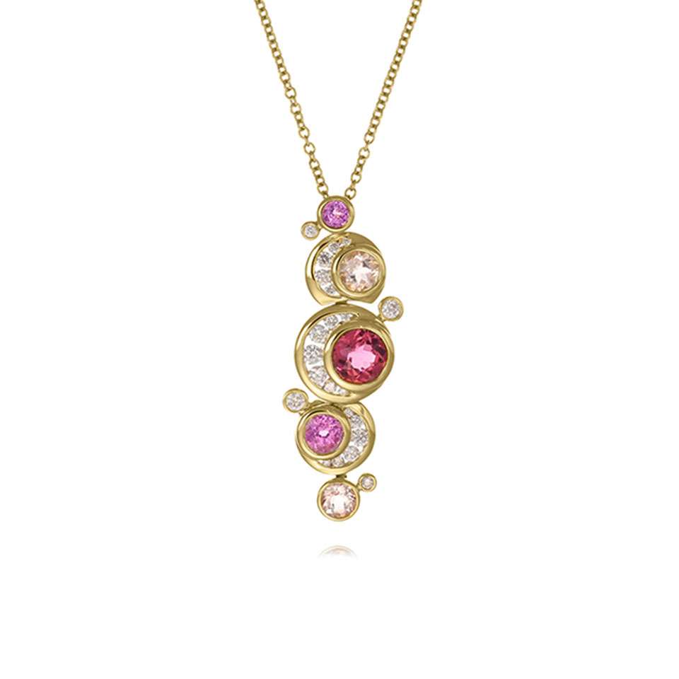 18ct Gold Diamond, Morganite, Pink Sapphire & Tourmaline Necklace