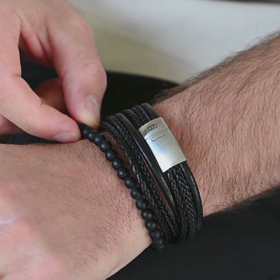 Black Silver Bonacci Wraparound Leather Bracelet