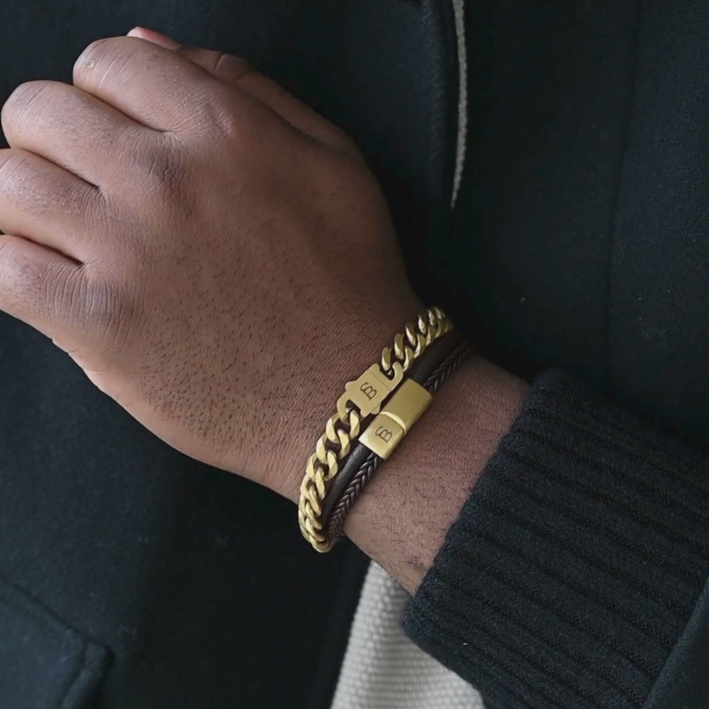 Brown Gold Denby Two-Band Leather Bracelet