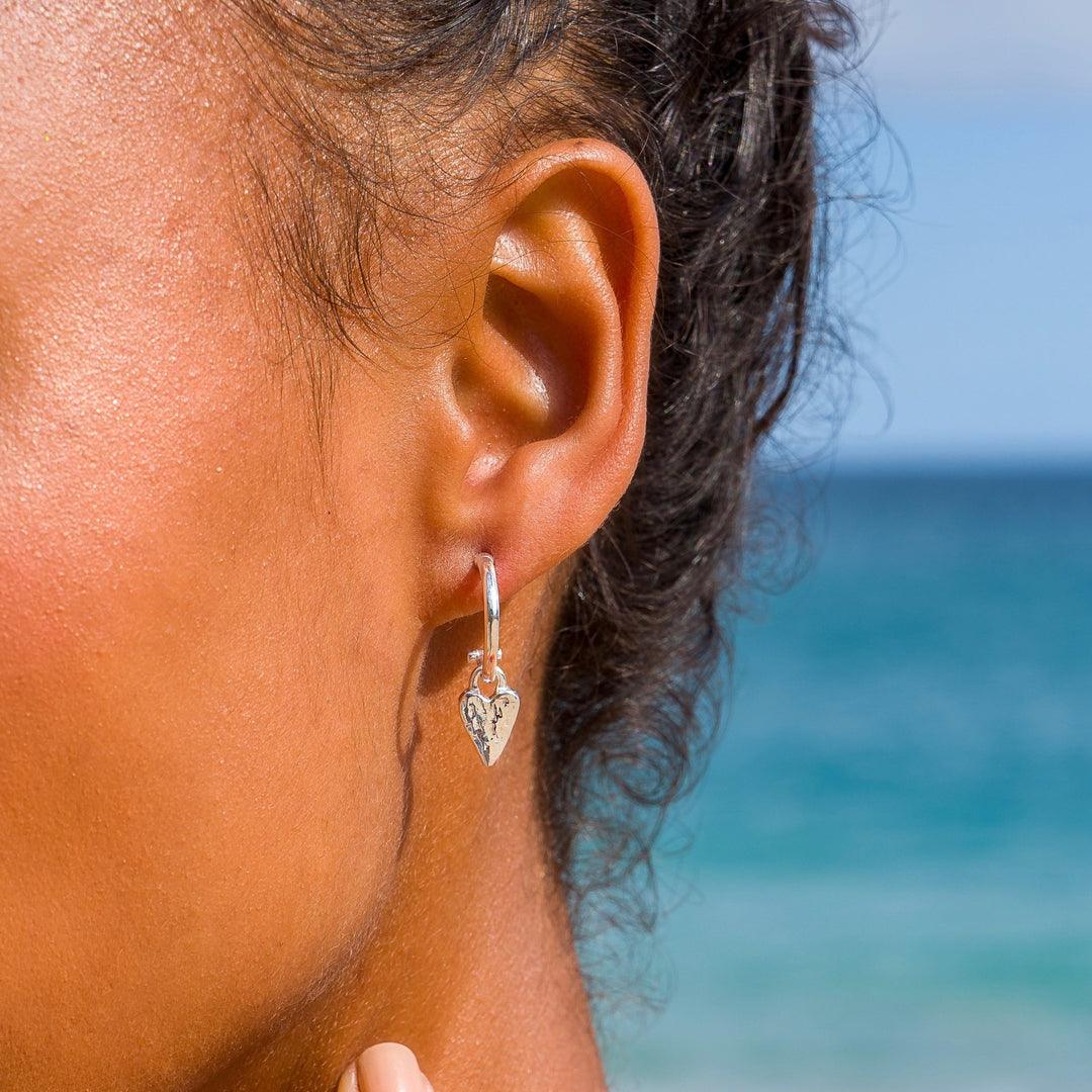 Sea Gems Silver Hoop Earrings With Textured Heart - Rococo Jewellery