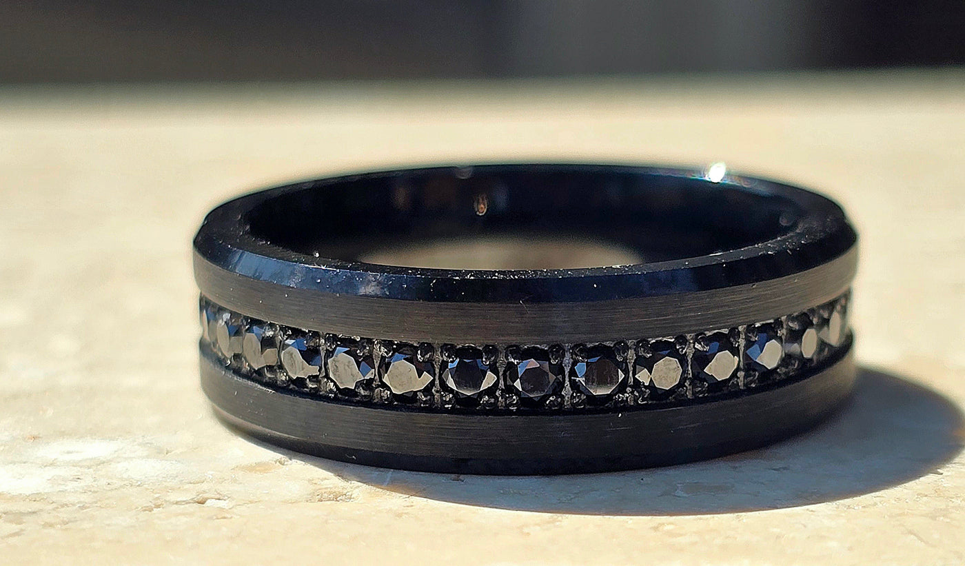 Tungsten Carbide Black IP and Cubic Zirconia Ring