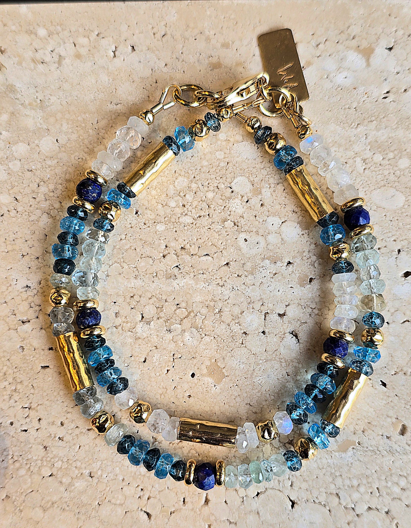 Double Row Blue Topaz and Moonstone Bracelet