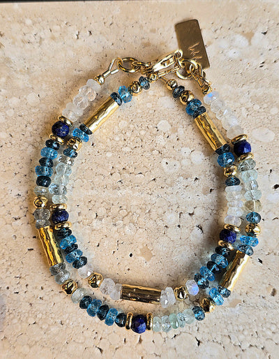 Double Row Blue Topaz and Moonstone Bracelet