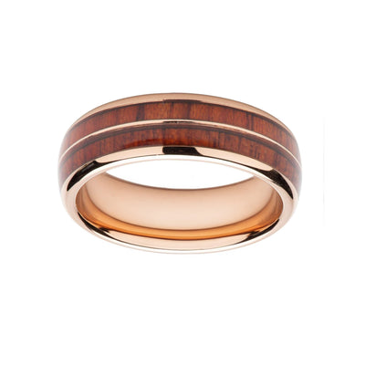 Wood Inlay with Rose IP Band Ring