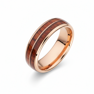 Wood Inlay with Rose IP Band Ring