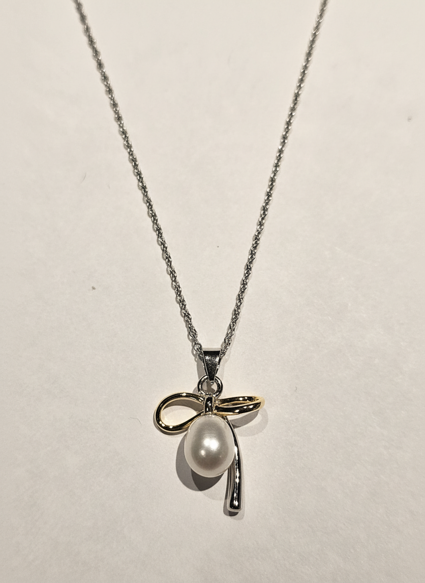 Sterling Silver Rice Pearl Open Bow Pendant Necklace
