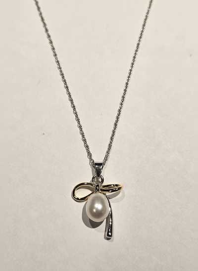 Sterling Silver Rice Pearl Open Bow Pendant Necklace