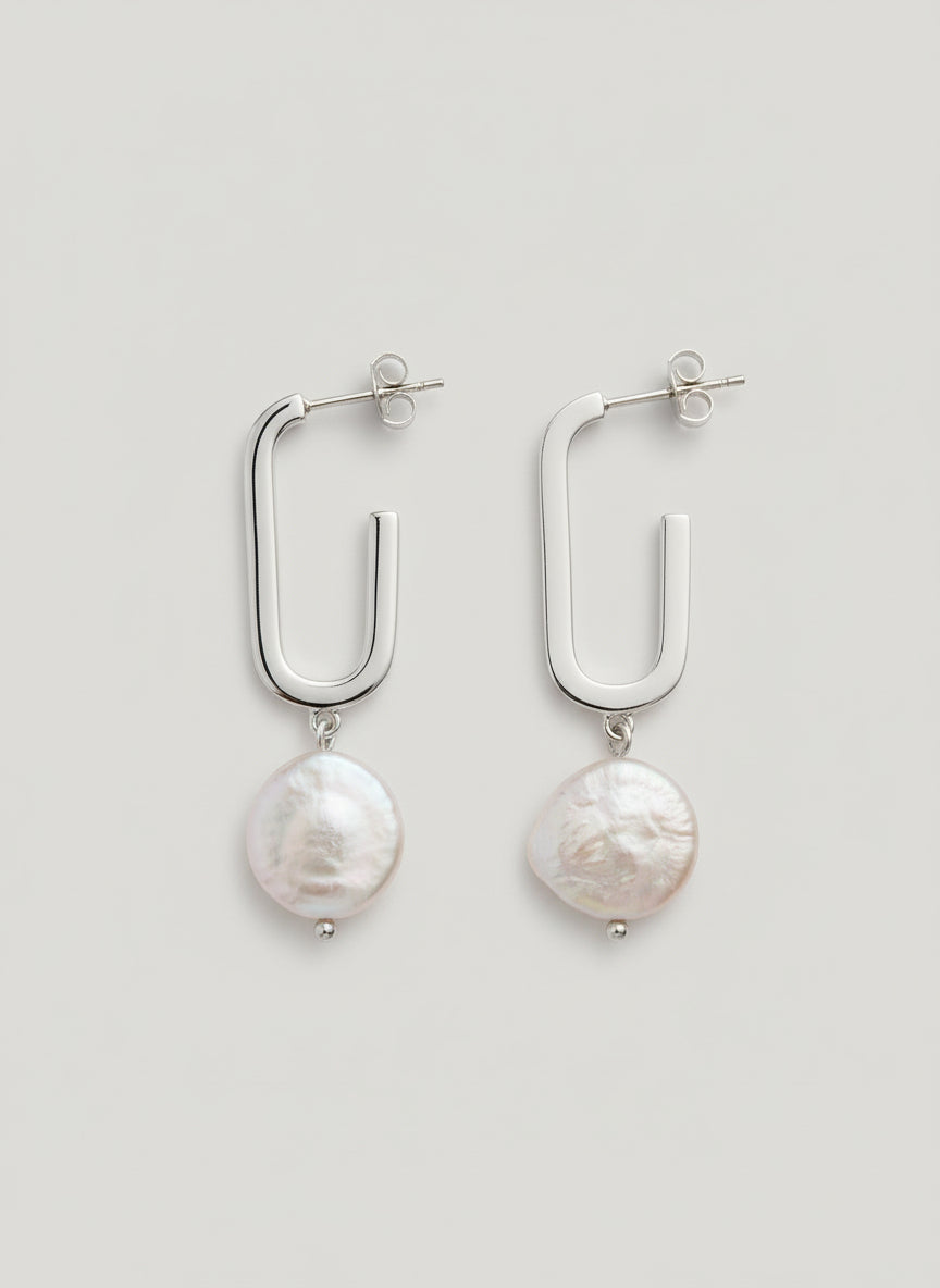 Sterling Silver Pearl Oblong Coin Drop Earrings