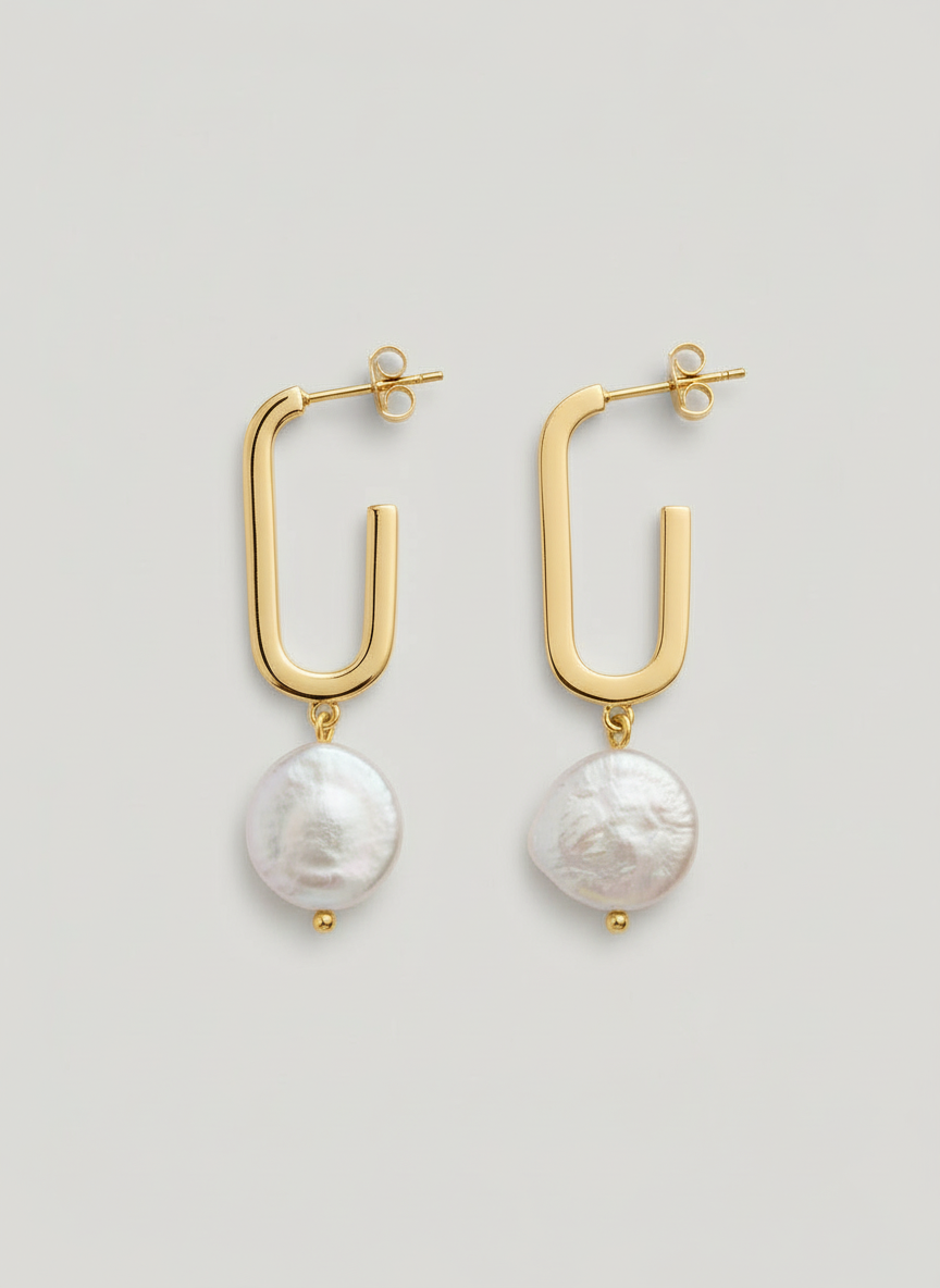 Sterling Silver Pearl Oblong Coin Drop Earrings