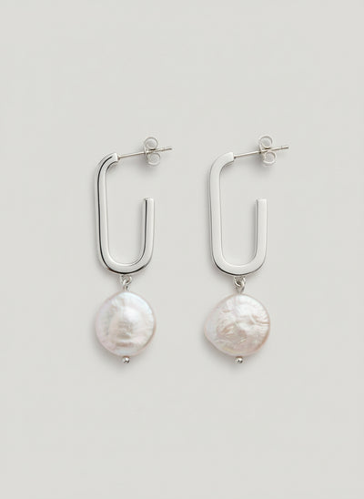 Sterling Silver Pearl Oblong Coin Drop Earrings