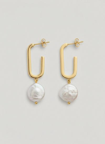 Sterling Silver Pearl Oblong Coin Drop Earrings