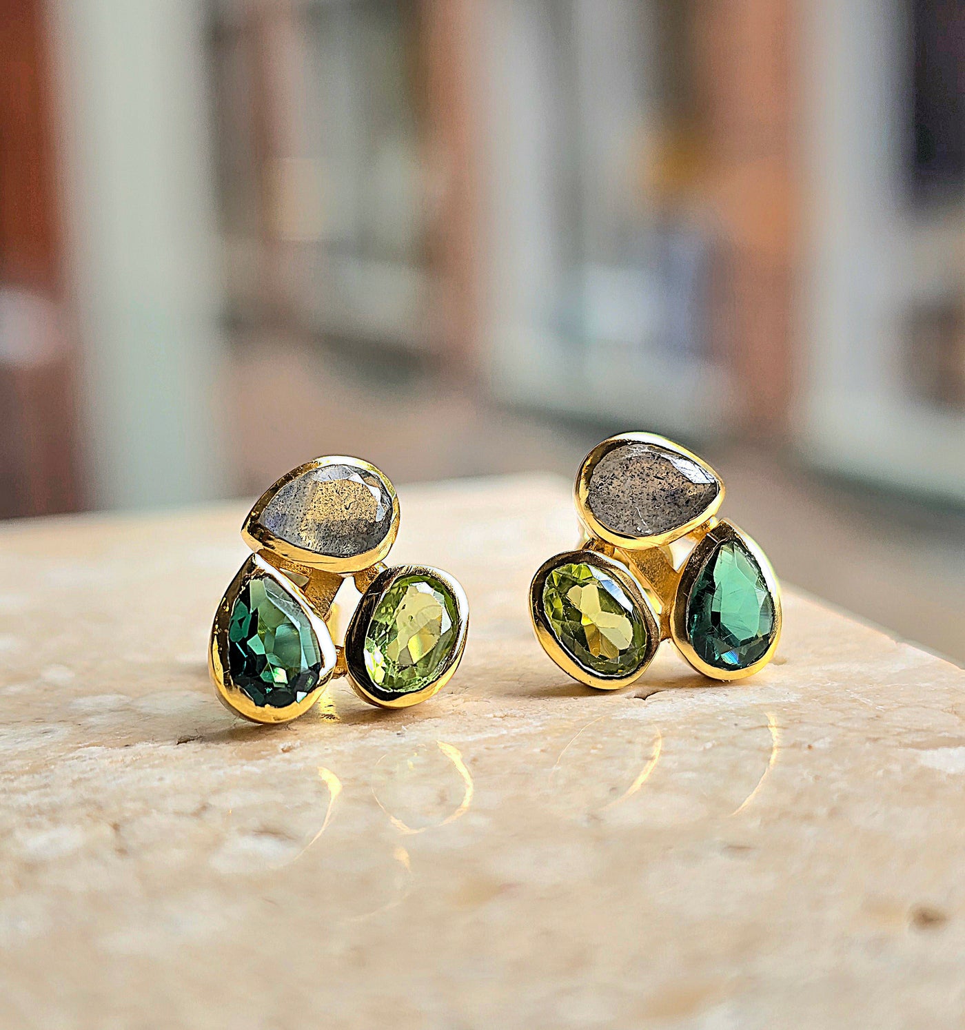 18ct Gold Vermeil Three Stone Stud Earrings