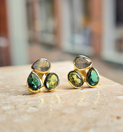 18ct Gold Vermeil Three Stone Stud Earrings