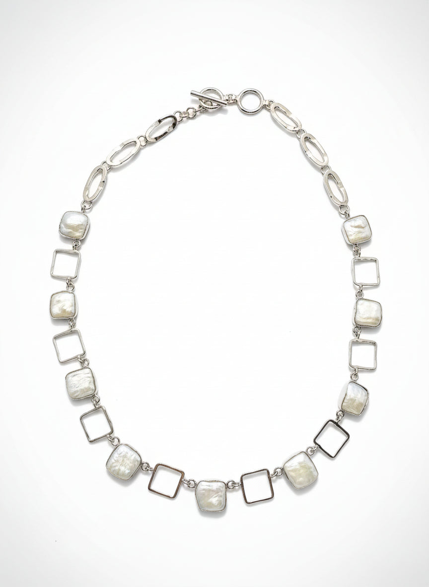 Sterling Silver Open Square Pearl Link Necklace