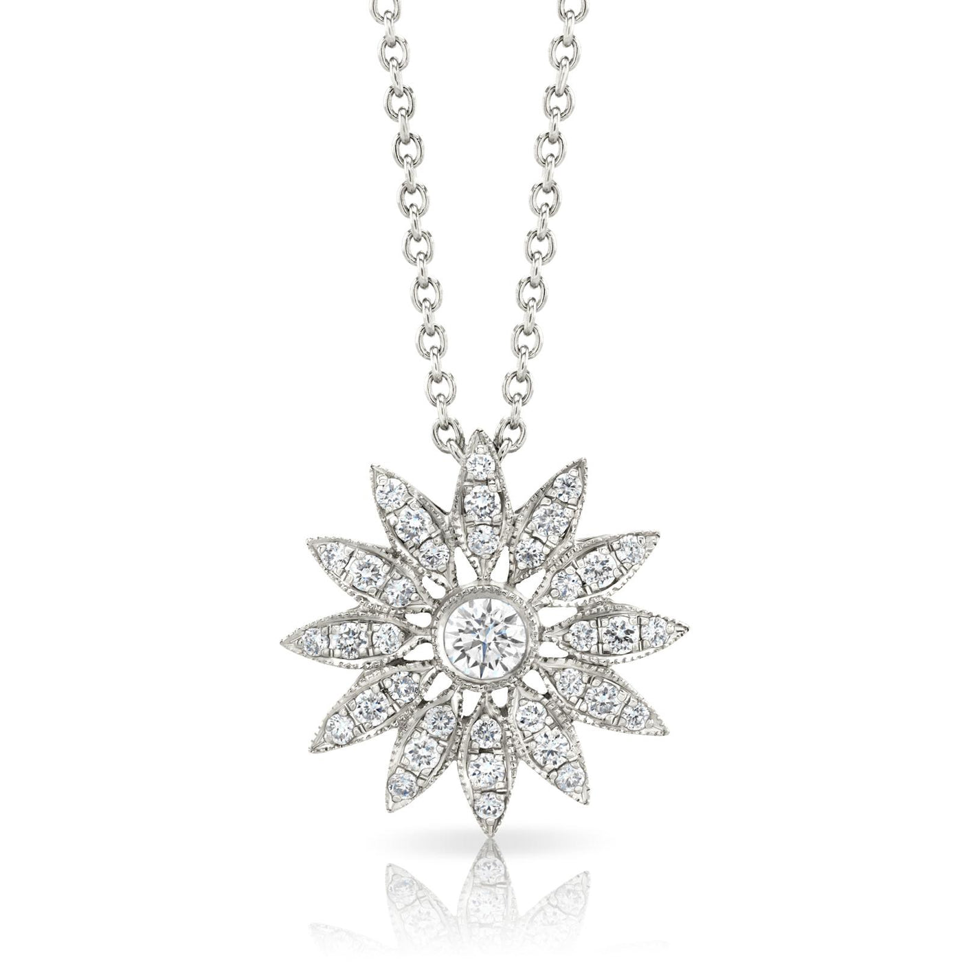 18ct White Gold Diamond Flower Pendant Necklace
