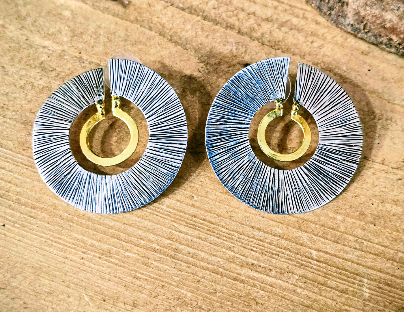 Gold and Silver Two Tone Open Circle Disc Earrings