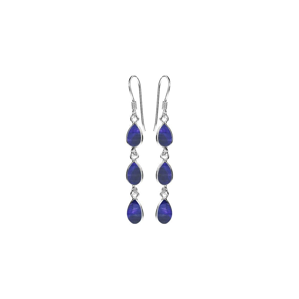 Silver Triple Teardrop Bezel-Set Sapphire Quartz Earrings