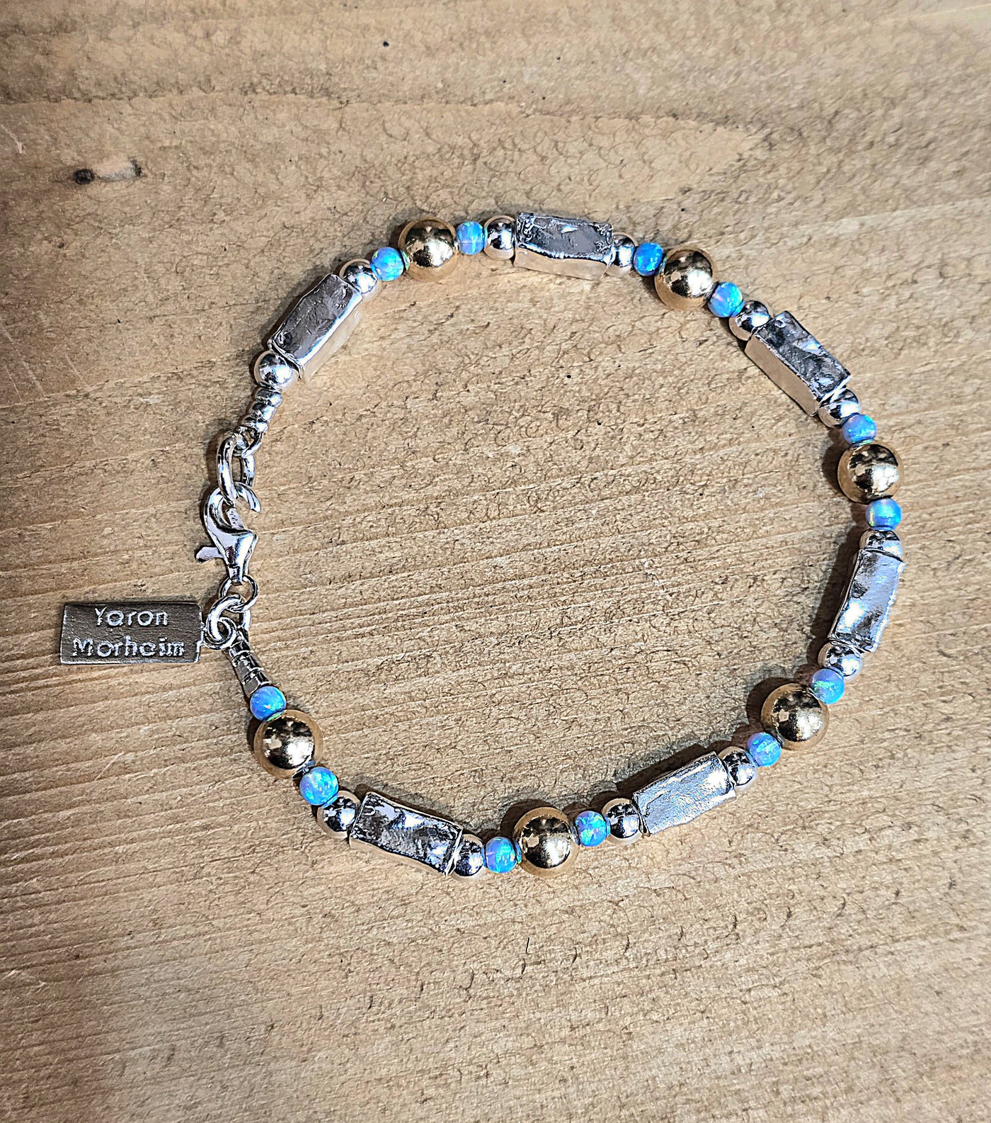 Gold and Blue Opal Silver Barrels Bracelet