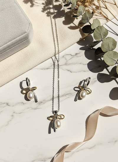 Sterling Silver Rice Pearl Open Bow Pendant Necklace